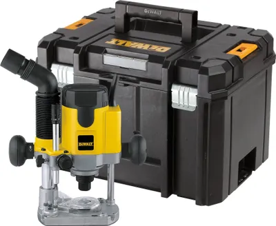A DeWALT router and its storage case are shown against a white background.