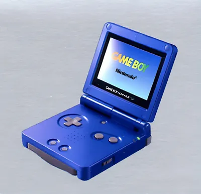 A blue Nintendo Game Boy Advance SP handheld console is shown.