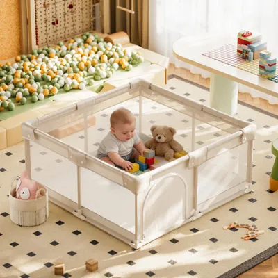 Produktbild von Koonmi Laufstall Baby 150x150 cm Faltbarer Laufgitter mit – für Babys & Kleinkinder, zusammenklappbarer Spielkäfig für Innen und Außen – Hellgrau