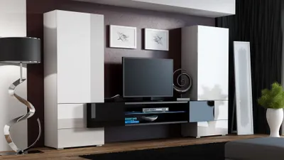 Produktbild von Furniture24 Wohnwand Tori, Schrankwand, Fernsehwand, Grifflose, Öffnen, TV Lowboard, Vitrine, Mediawand, Wohnzimmerschrank