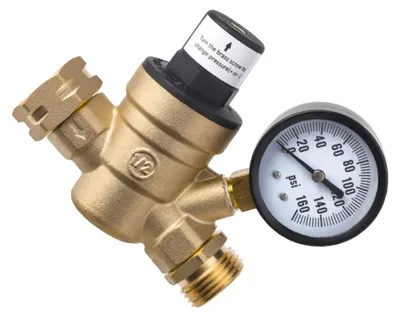 Productafbeelding van INF Loodvrij messing instelbare drukregelaar met manometer NH3/4 voor RV-waterleidingen, schroefdraadinlaat, koper+roestvrij staal+PP-componenten