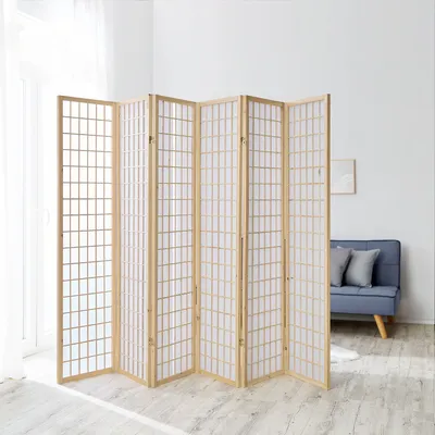Produktbild von Homestyle4u Paravent Raumteiler 6 teilig Holz Natur Reispapier Weiß Höhe 175 cm Indoor