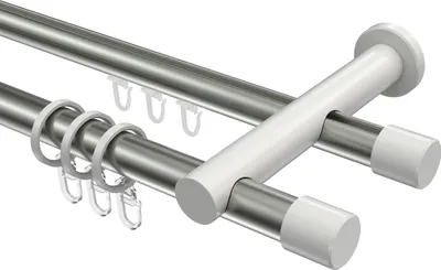 Produktbild von Interdeco Rundrohr-Innenlaufstange / Gardinenstange (Kombination) Edelstahl-Optik / Weiß, Typ Platon Santo (Kappe), 20 mm Ø 2-läufig, 440 cm