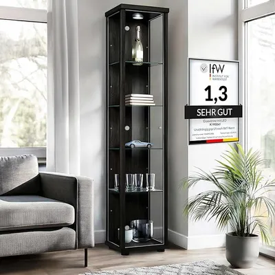 Zdjęcie produktu dla Szafka szklana stojąca (176x37x33 cm) - Wyprodukowano w Niemczech - Czarna witryna z 4 regulowanymi na wysokość półkami szklanymi i oświetleniem LED - Szklana witryna stojąca - Szafka szklana - Wystawa