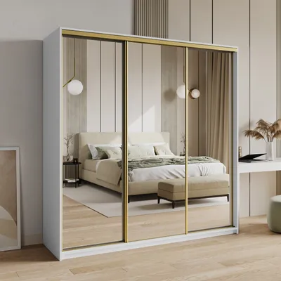 Produktbild von Masseno Schiebetürenschrank RIEN 200/205/60 cm Kleiderschrank mit Schubladen Schlafzimmer Schrank 3-türig mit Spiegel Weiß + Gold