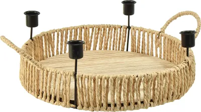 Produktbild von Dekotablett Holz Natur Ø30cm mit 4 schwarzen Kerzenhaltern aus Metall als Alternative zum Adventskranz