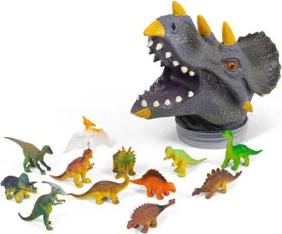 Produktbild von Dinosaurier Spielfiguren in einem Triceratops Kopf im 12er Set