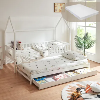 Produktbild von Doppel-Kinderbett ’Aarghonmaa‘ in Hausoptik 90 x 200 cm mit 1 Matratze inkl. Ausziehbett Rausfallschutz und 2 Schubladen Kiefernholz Weiß