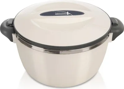 A cream-colored insulated serving bowl with gray handles and a silver trim, set against a white background.