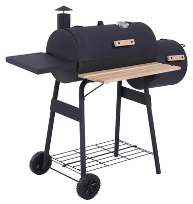 Productafbeelding van BBQ-grill - 3-in-1 gasgrill en rookoven - Met thermometer - Met wielen - Houten opbergplanken - 124 x 53 x 104 cm - Zwart