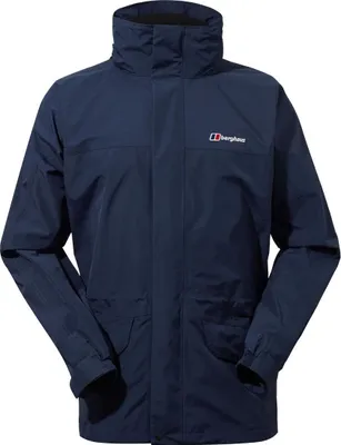 Dunkelblaue Hardshelljacke für Herren von Berghaus; Modell "Cornice InterActive Jacket"; mit hohem Kragen und Reißverschluss.