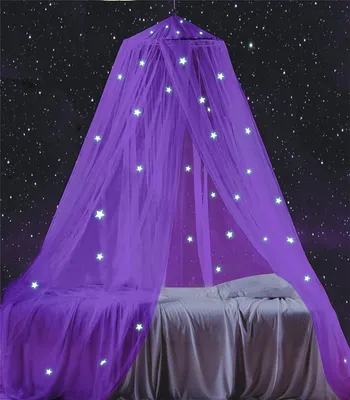 Image de Rideau de lit pour enfant, couleur bleu foncé, avec des étoiles lumineuses