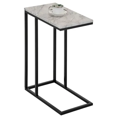 Produktbild von Beistelltisch DEBORA, praktischer Wohnzimmertisch in C-Form, schöner Couchtisch Tischplatte rechteckig in Marmoroptik, eleganter Sofatisch mit Metallgestell in schwarz