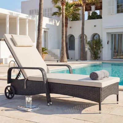 Produktbild von Poly-Rattan Sonnenliege Carrara, Relaxliege Gartenliege Liege, Alu  anthrazit, Kissen beige