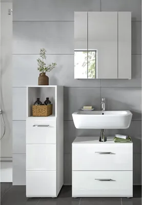 Produktbild von Badmöbel-Set 3-teilig in weiß mit weiß Hochglanz, inkl. Spiegelschrank - IGGESUND-158