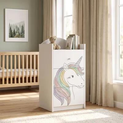 Produktbild von Kinderkommode Weiß mit 3 Schubladen, Schubladenkommode mit schönem Aufdruck, Wäschekommode Kinderzimmer Babyzimmer Unisex