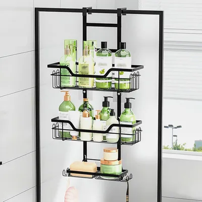 Produktbild von Duschablage zum Hängen mit 3 Duschkorb Edelstahl Dusche Halterung ohne Bohren Duschablage ohne Bohren Shampoo Halterung für Dusche Badezimmer Organizer Für Rahmenlos Glastür, Schwarz