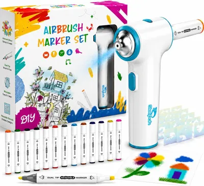Productafbeelding van Air Brush Marker Set voor Kinderen Inclusief 12 Wasbare Markers 20 Stencils Gift voor leeftijden 5 6 7 8 9 Jaar Oud (Air Brush Market Set)