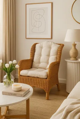 A cozy living room scene featuring a rattan armchair with a cream cushion, a side table with a lamp, and a coffee table with a book and candle.