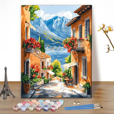 Image de Kit de peinture par numéros : Paysage de jardin, toile de 40x50 cm, peintures acryliques, pinceaux