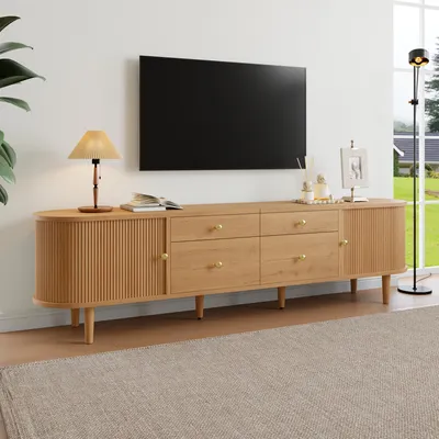 Produktbild von okwish TV Schrank abgerundeten Ecken mit 4 Schubladen und Schiebetüren ,modernes TV-Lowboard mit Metallgriffen, Viel Stauraum,Natur