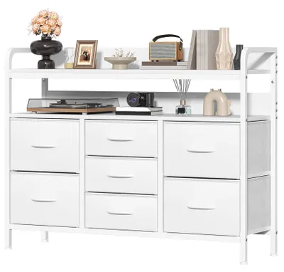 Produktbild von Zimilo Kommode Weiß mit 7 Stoffschubladen & Offenem Regal, Kommoden für Schlafzimmer, Stoffkleiderschrank Beistellschrank für Flur, 100 x 30 x 76 cm