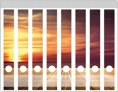 Produktbild von Wallario Ordnerrücken Sticker, selbstklebend für schmale Ordner, 8 Stück, Motiv Steg am See - Sonnenuntergang und roter Himmel