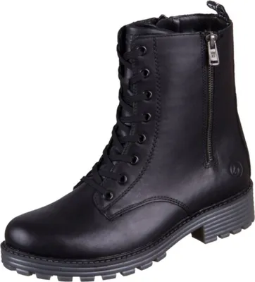 A black leather boot shown from a 3/4 angle on a white background.