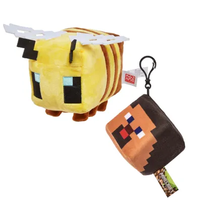 Zdjęcie produktu dla Zestaw pluszaków Minecraft: Pszczoła 20 cm + zawieszka Głowa Steve'a 15 cm - Oryginalny produkt licencyjny - Prezent dla fanów