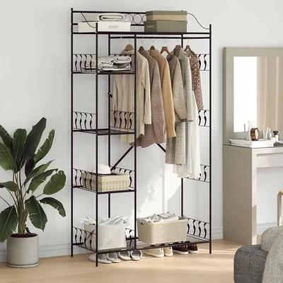 Produktbild von Offener Kleiderschrank Schwarz aus Stahl 101 x 43 x 188 cm mit 5 Regalen und Hängeleisten, moderner Schrank Schlafzimmer, Garderobe, Kleiderständer, begehbarer Kleiderschrank