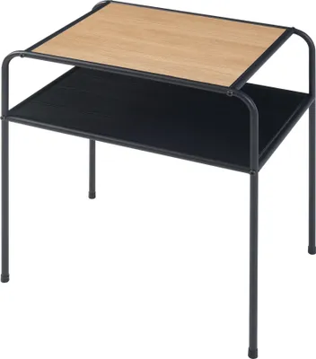 A two-tiered side table with a wooden top and a black fabric shelf.