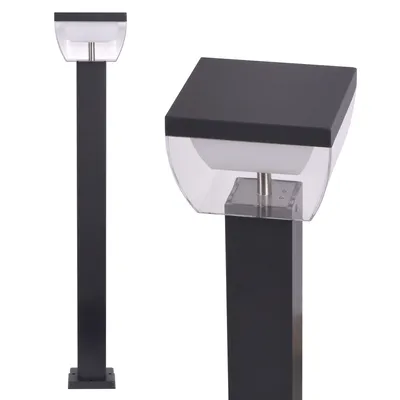 A product shot of an outdoor standing lamp, shown from two angles.