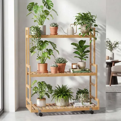 Produktbild von Bambus Pflanzenregal MCW-Q33, Blumentreppe Blumenständer Pflanzentreppe, 3 Ablagen Rollen 105x90x38cm  natur