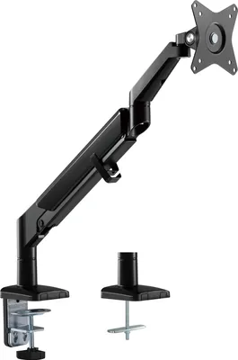 A black monitor arm mount with a clamp base and a VESA mount plate, shown against a white background. A second base is also visible.