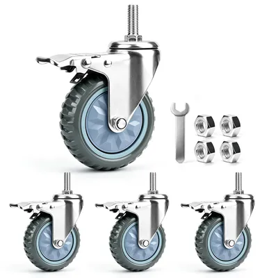 Image de 4 roulettes pivotantes avec vis, dotées d'un système de freinage double, boulon M12×35 mm, roulettes robustes pour charges lourdes, 110 mm. Roulettes de meubles silencieuses avec frein de stationnement, adaptées aux chariots et aux meubles