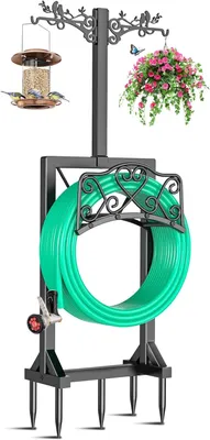 Imagen del producto de Soporte de manguera de pie, resistente, con 2 ganchos, de metal, para jardín y patio