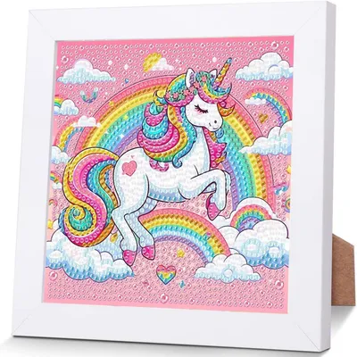 Zdjęcie produktu dla Zestaw do malowania diamentami "Jednorożec dla dzieci" z ramą, 18x18 cm
