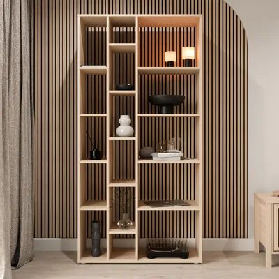Produktbild von Forte JYTANA Regal 90 100, skandinavisches Regal mit 13 Regalfächern, Japandi Style, Holzwerkstoff, Riva Eiche Holzdekor, 93,3 cm breit x 187,3 cm hoch x 34,8 cm tief