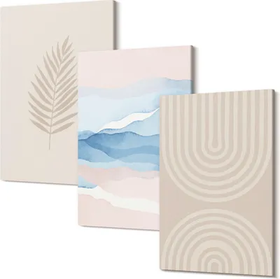Produktbild von Wandbild – Leinwandbild – Leinwandbilder – Polycanvas – Kunstdruck – Modern – Panorama – Mehrteilig – 3-Teilig Set – Hochwertig – Lichtecht – Geruchslos – 20x30 Cm Je Element - Blätter und Wellen in Beige- und Blautönen