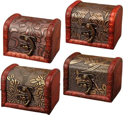 Obrázok produktu pre 4 ks drevených miniatúrnych truhlíc pre deti, vhodné na dekoráciu a ako darček.