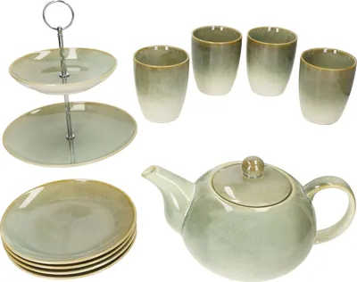 Produktbild von 10tlg Teeset Scones Grün Etagere Kanne Becher Teller Teeservice Geschenk