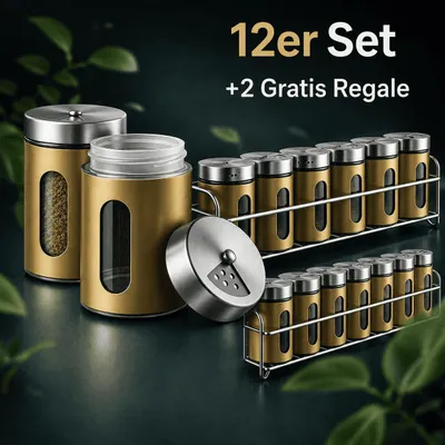 Produktbild von Gewürzstreuer Set Gewürzregal Pfeffer Salz Gewürz Streuer Dosen Edelstahl Gold