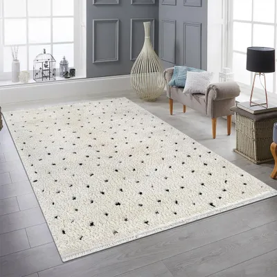 A modern living room scene with a rug as the main focus.