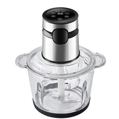 A food chopper with a glass bowl and a stainless steel motor unit with a digital display.
