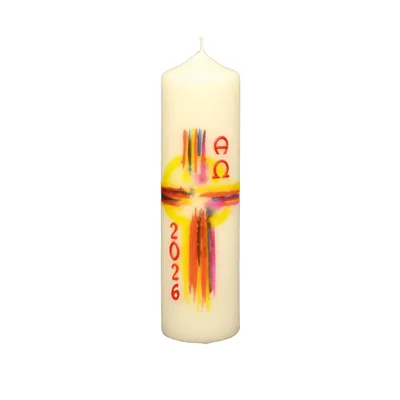 Produktbild von Osterkerze farbenfrohes Kreuz, A und O, Jahreszahl 220 x Ø 60 mm