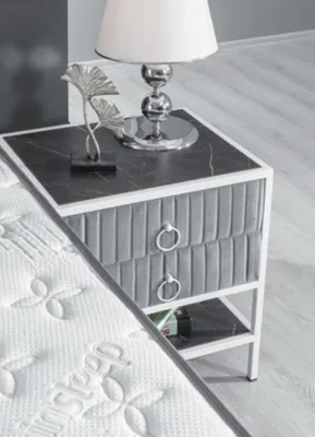 Produktbild von Schlafzimmer Set Grau Metall Bett Elegantes Design 2x Nachttische Neu 3tlg.