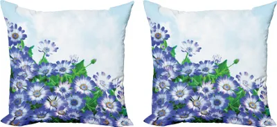 Immagine prodotto di ABAKUHAUS Set di copricuscini a fiori (2 pezzi), fiori freschi nell'erba, primavera, margherite in fiore sopra il cielo, 45 x 45 cm, blu verde