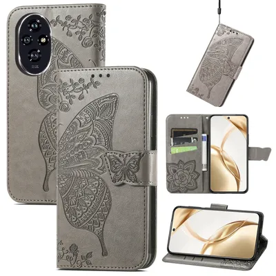 Produktbild von Für Honor 200 Kunstleder Wallet Handy Tasche Schmetterling Design Hülle Etuis Grau