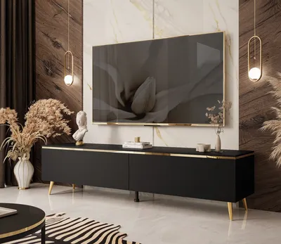 Produktbild von AURORA RTV Schrank schwarz matt mit schräge gold Chrom Beine