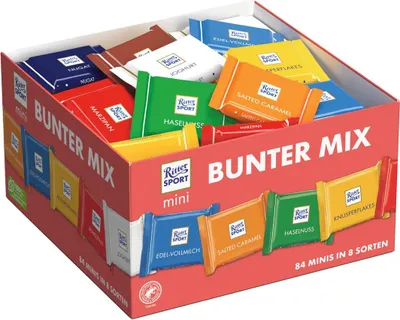 Produktbild von Ritter Sport Mini Thekendisplay 8 Sorten Vollmilchschokolade 1400g